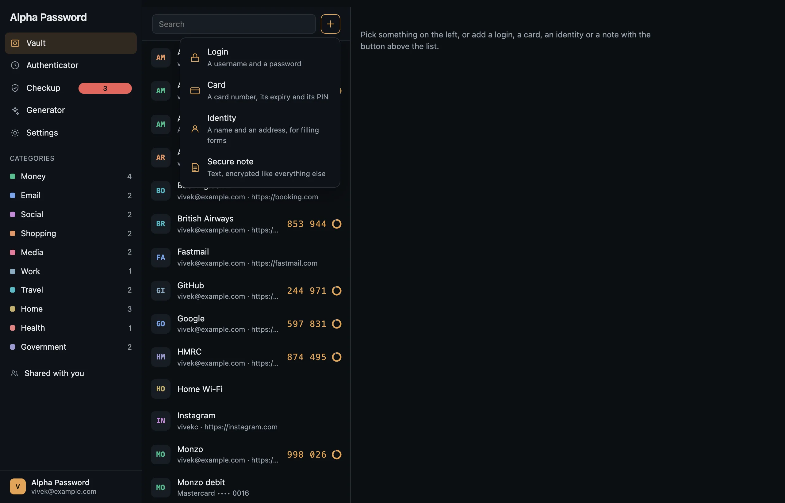 The Add menu: login, card, identity, note and one-time code.