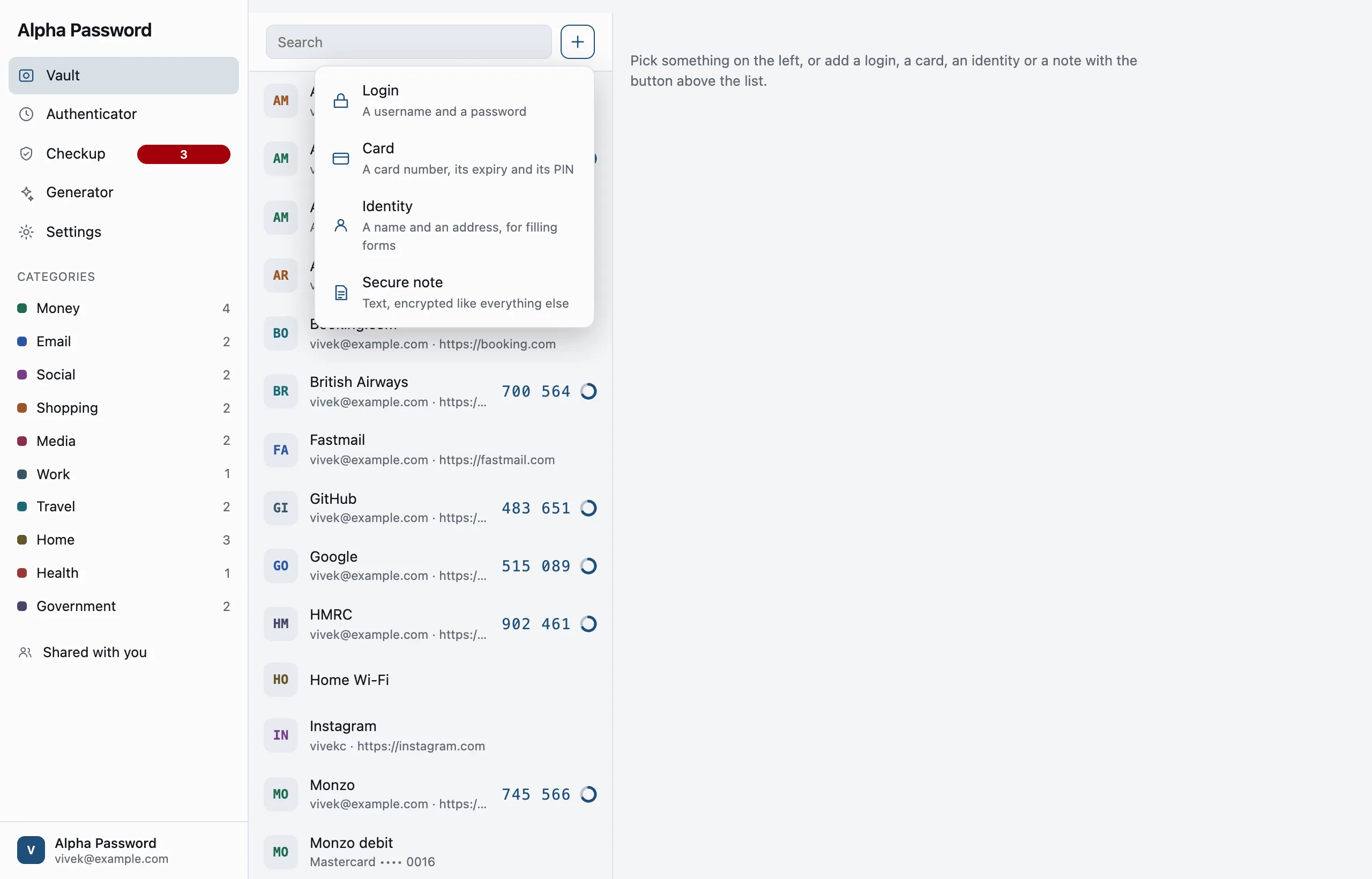 The Add menu: login, card, identity, note and one-time code.