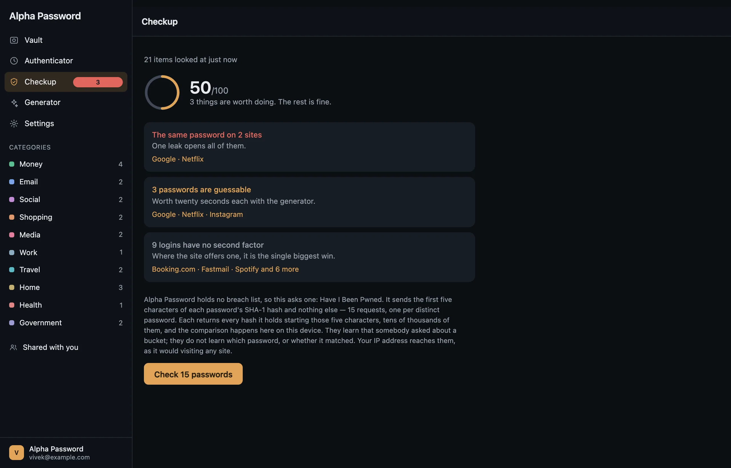 The findings, each listing the items it is about, above the opt-in breach check.