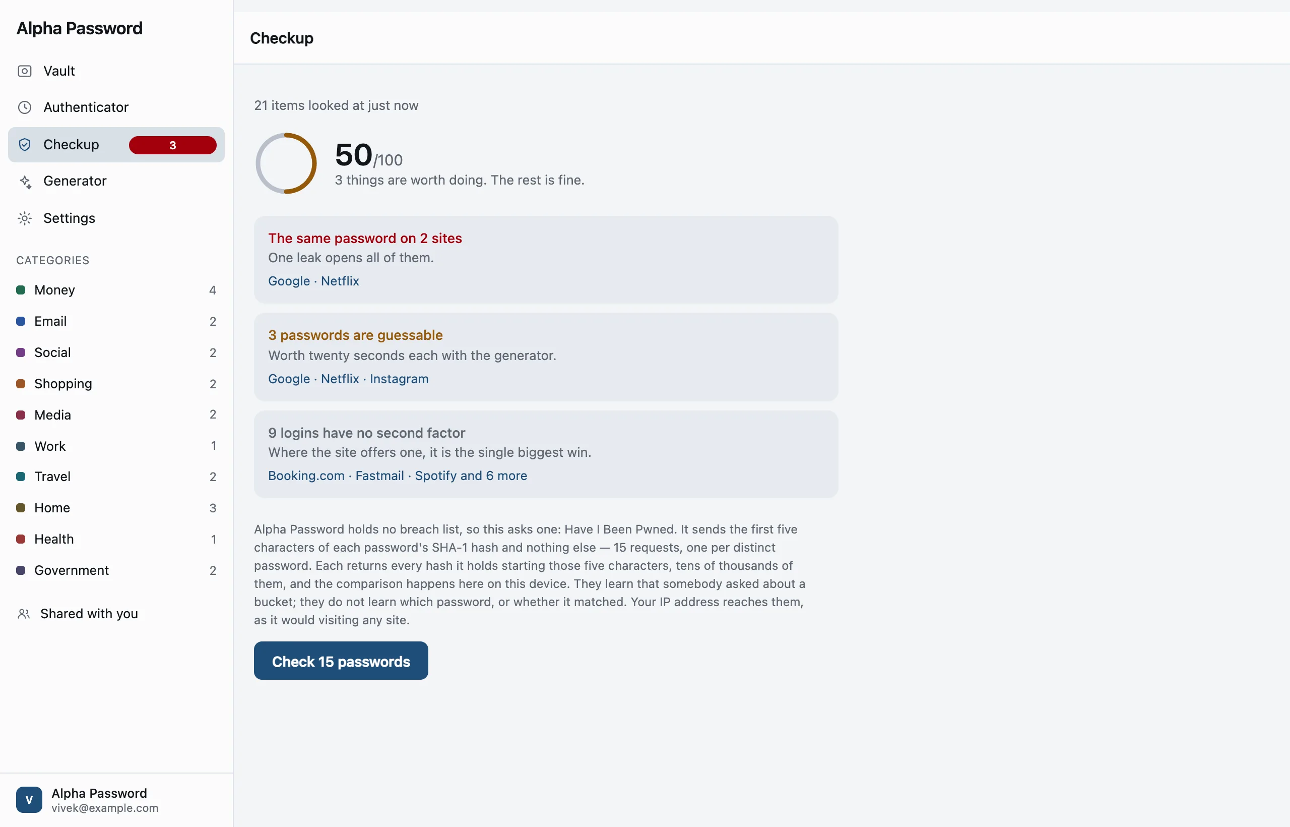 The findings, each listing the items it is about, above the opt-in breach check.