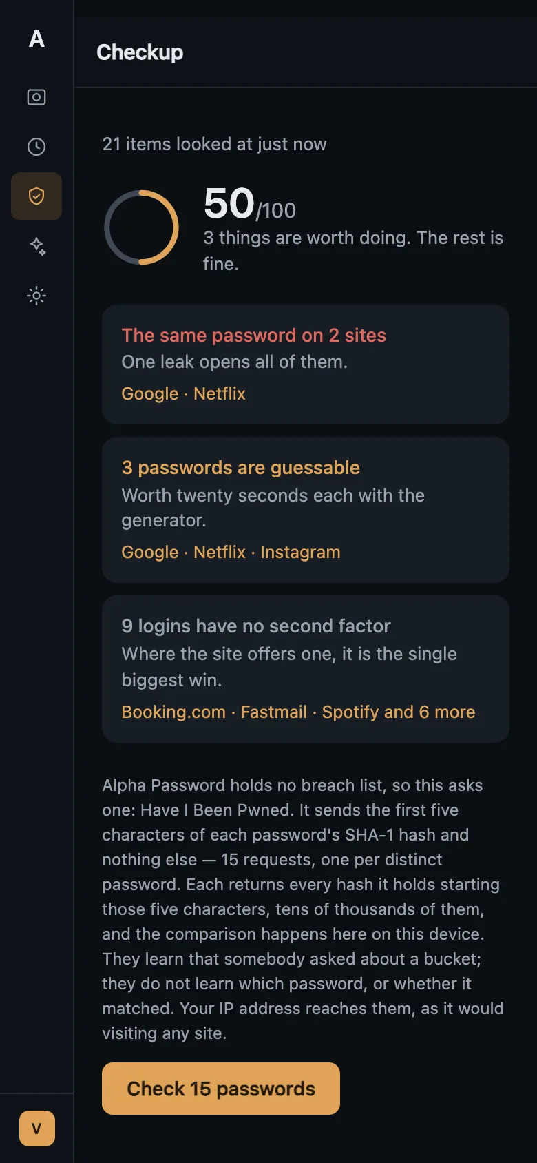 The checkup on a phone, naming the items in each finding.