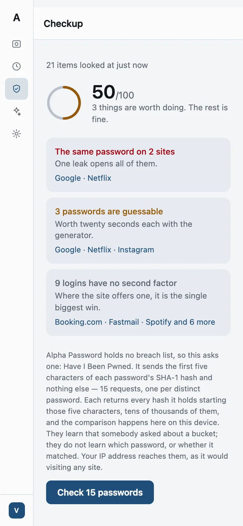 The checkup on a phone, naming the items in each finding.