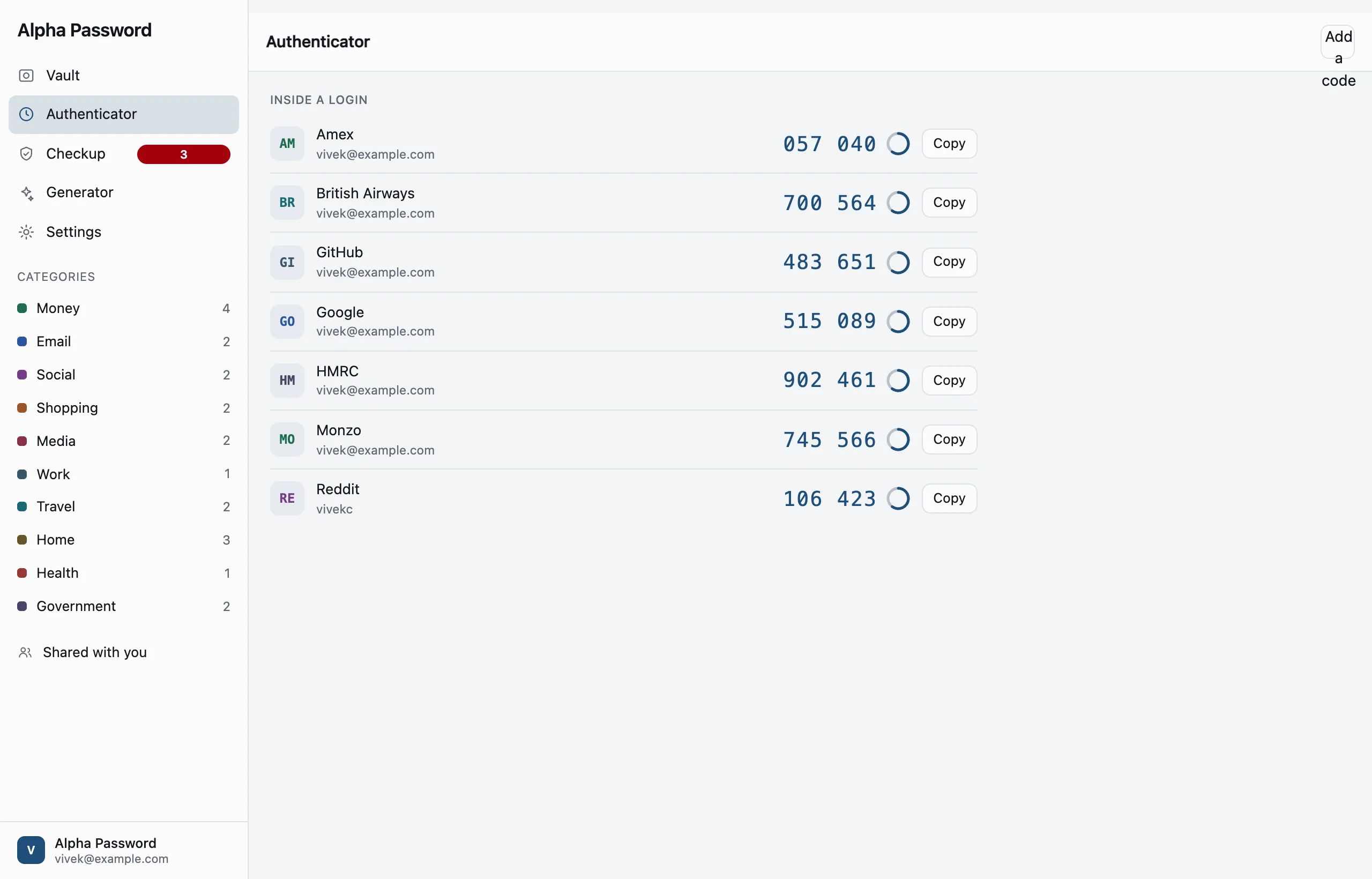 The authenticator: codes with a ring showing how long each has left.