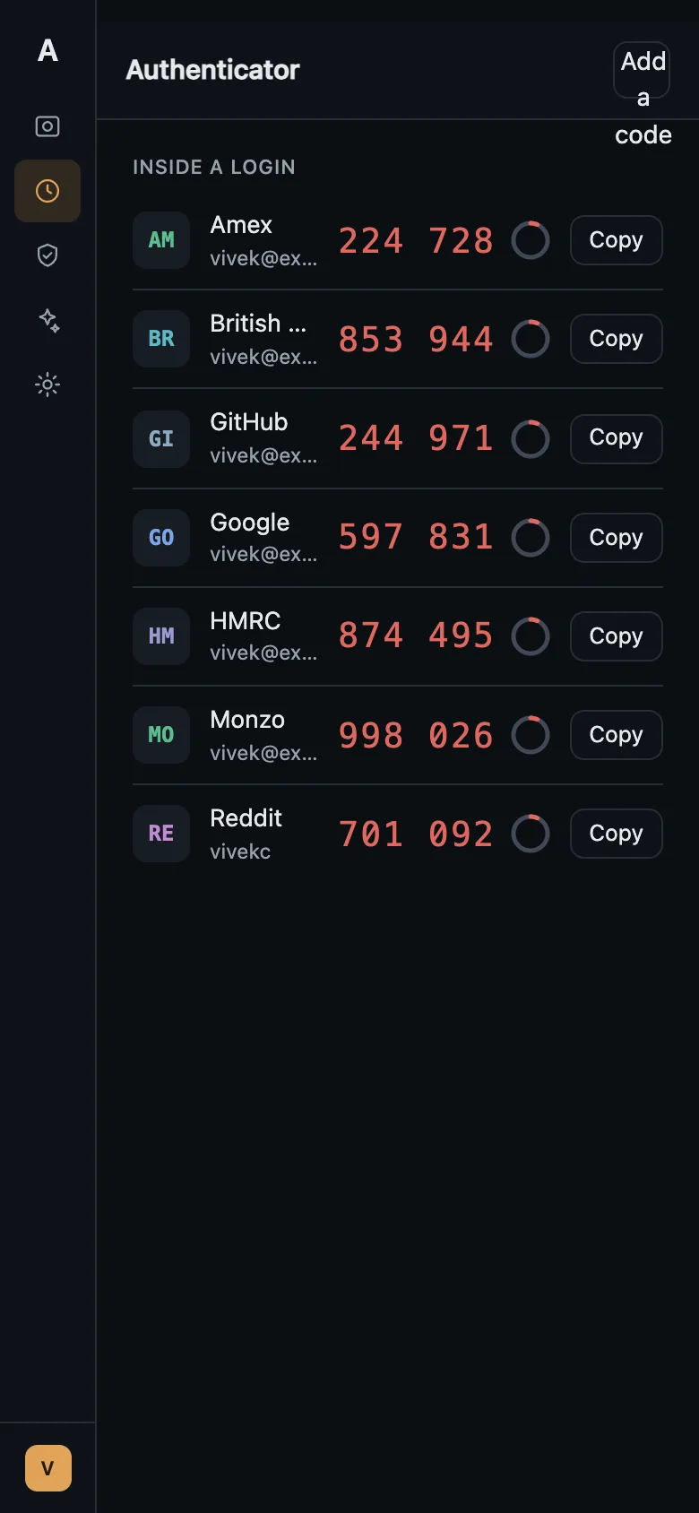 The authenticator on a phone, codes ticking down.
