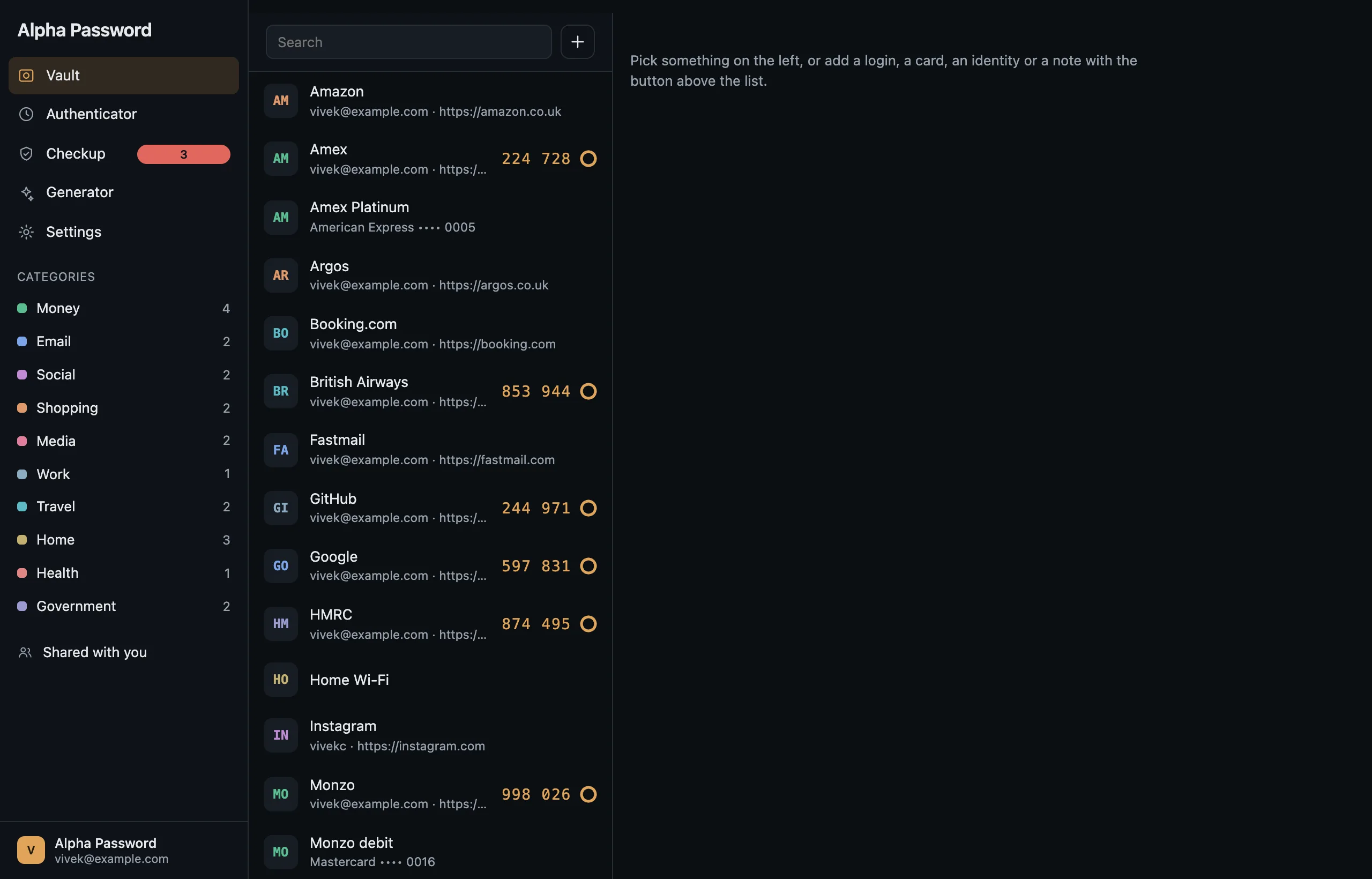 The same list filtered to the Money category.