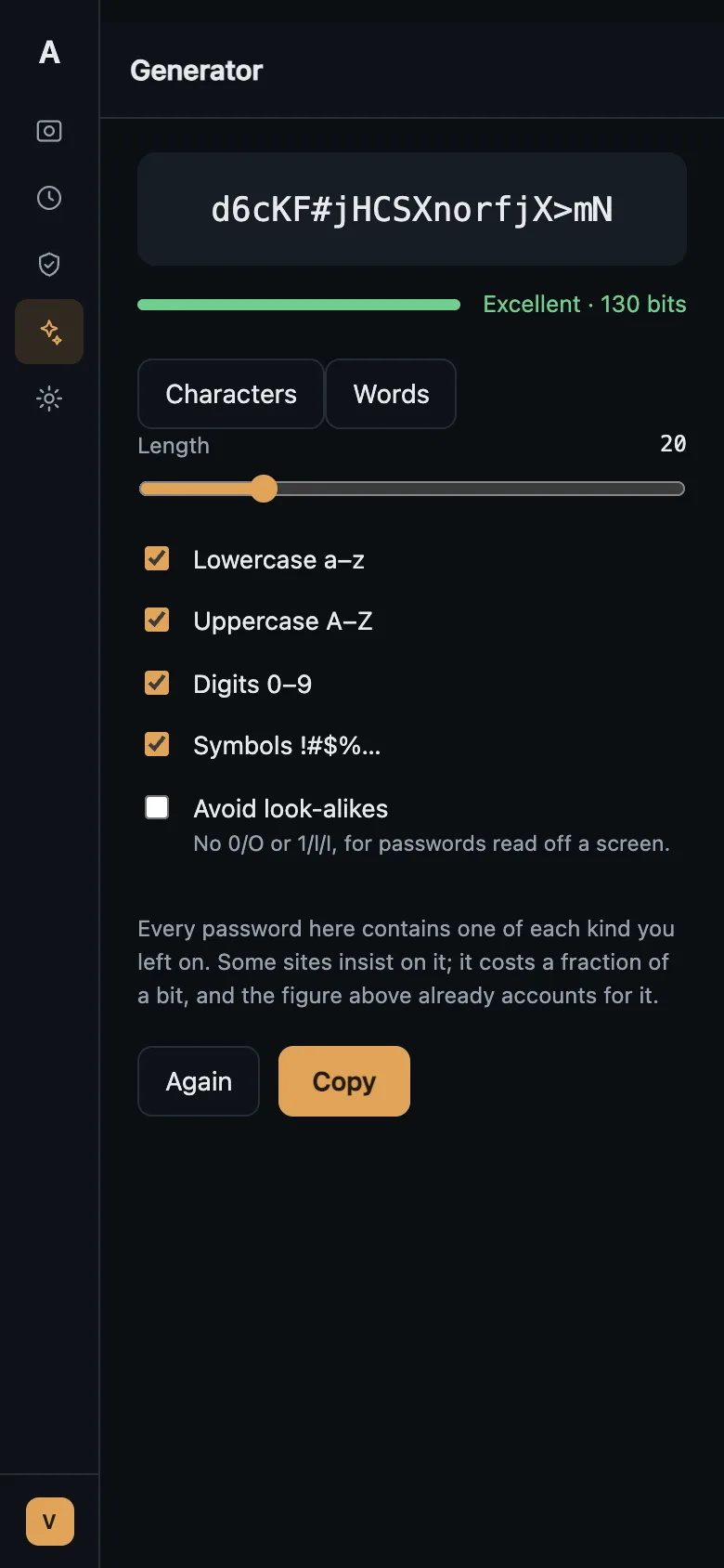 The generator on a phone, with the same honest bit count.