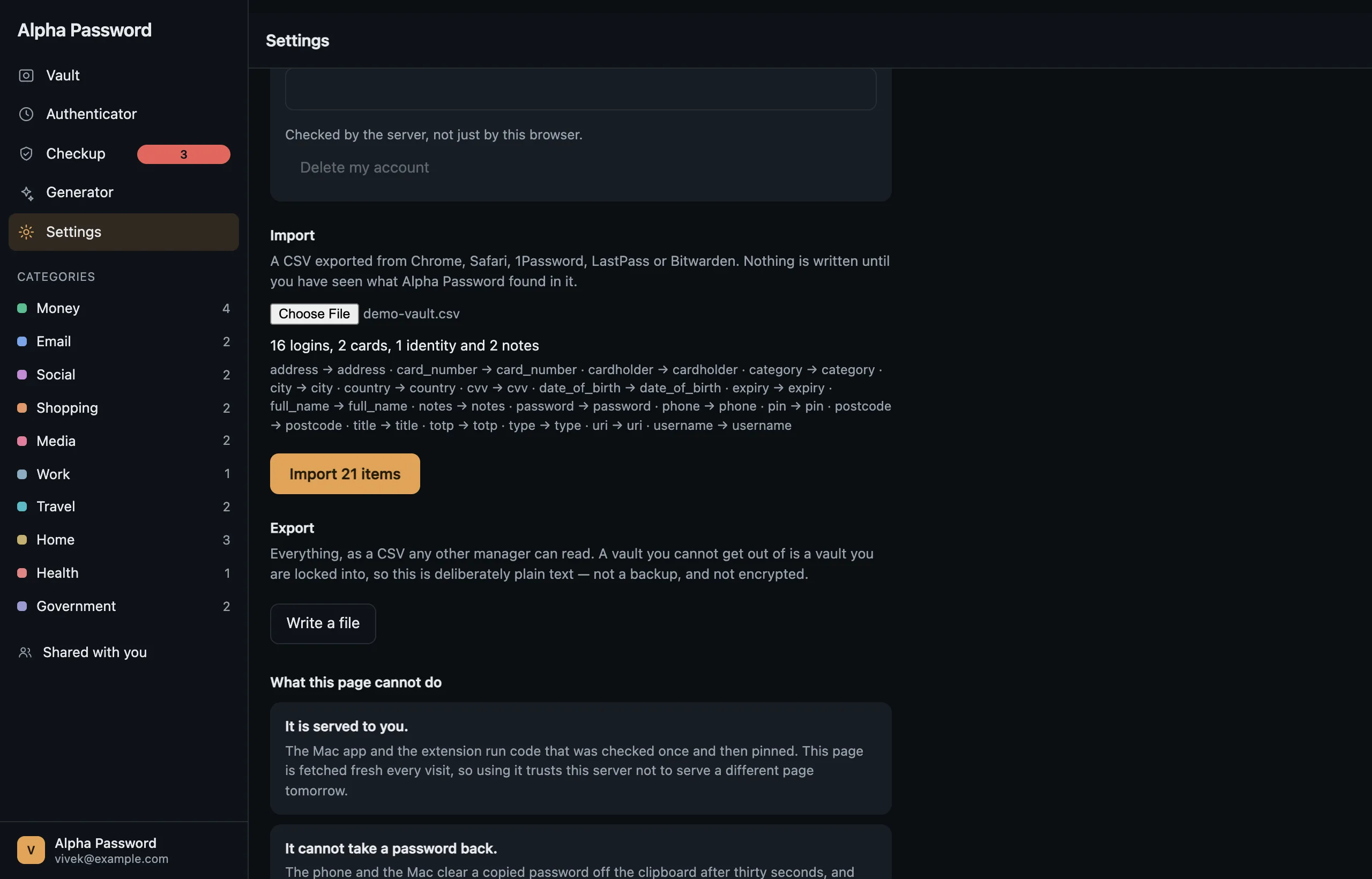 The import preview: what was found, what each column meant, and the button to write it.