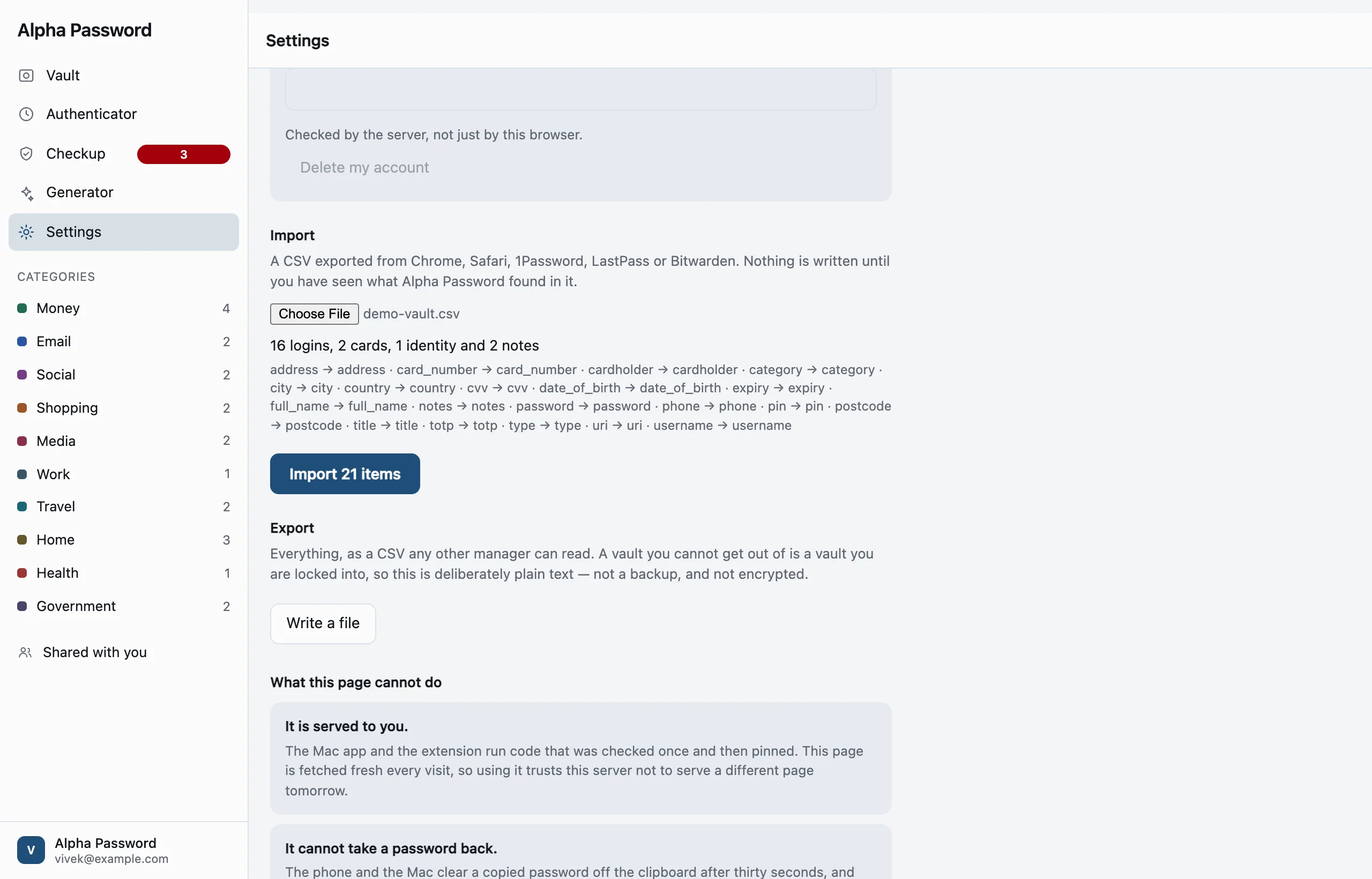 The import preview: what was found, what each column meant, and the button to write it.