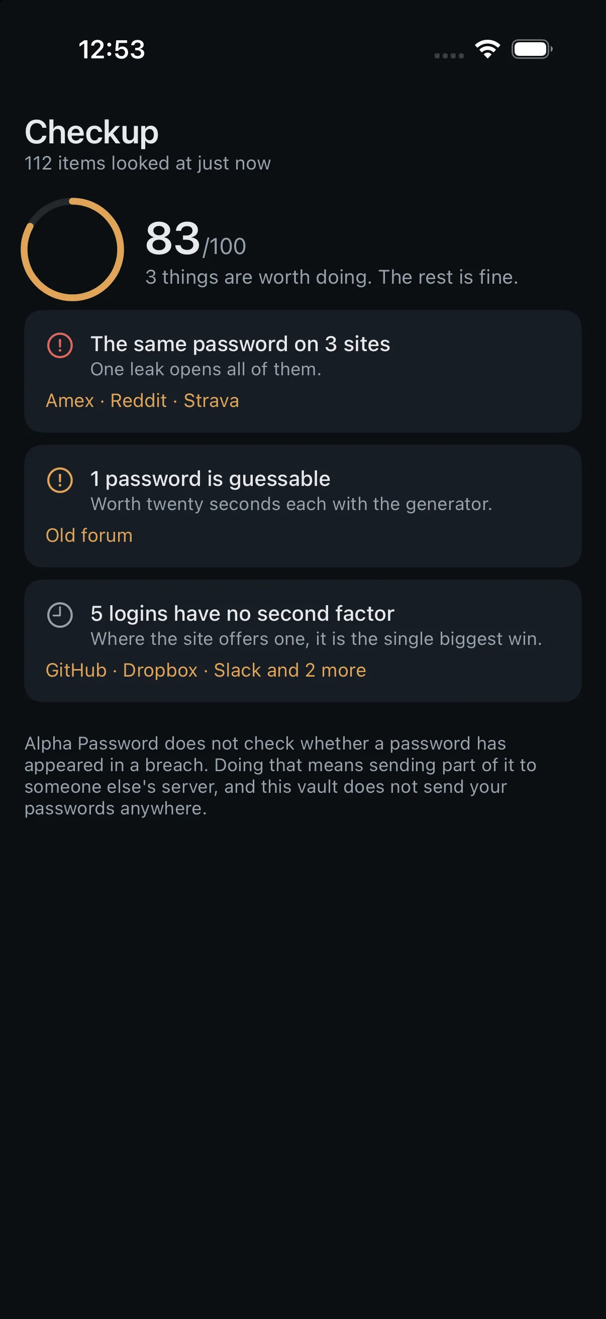 The checkup on a phone, each finding naming its items.