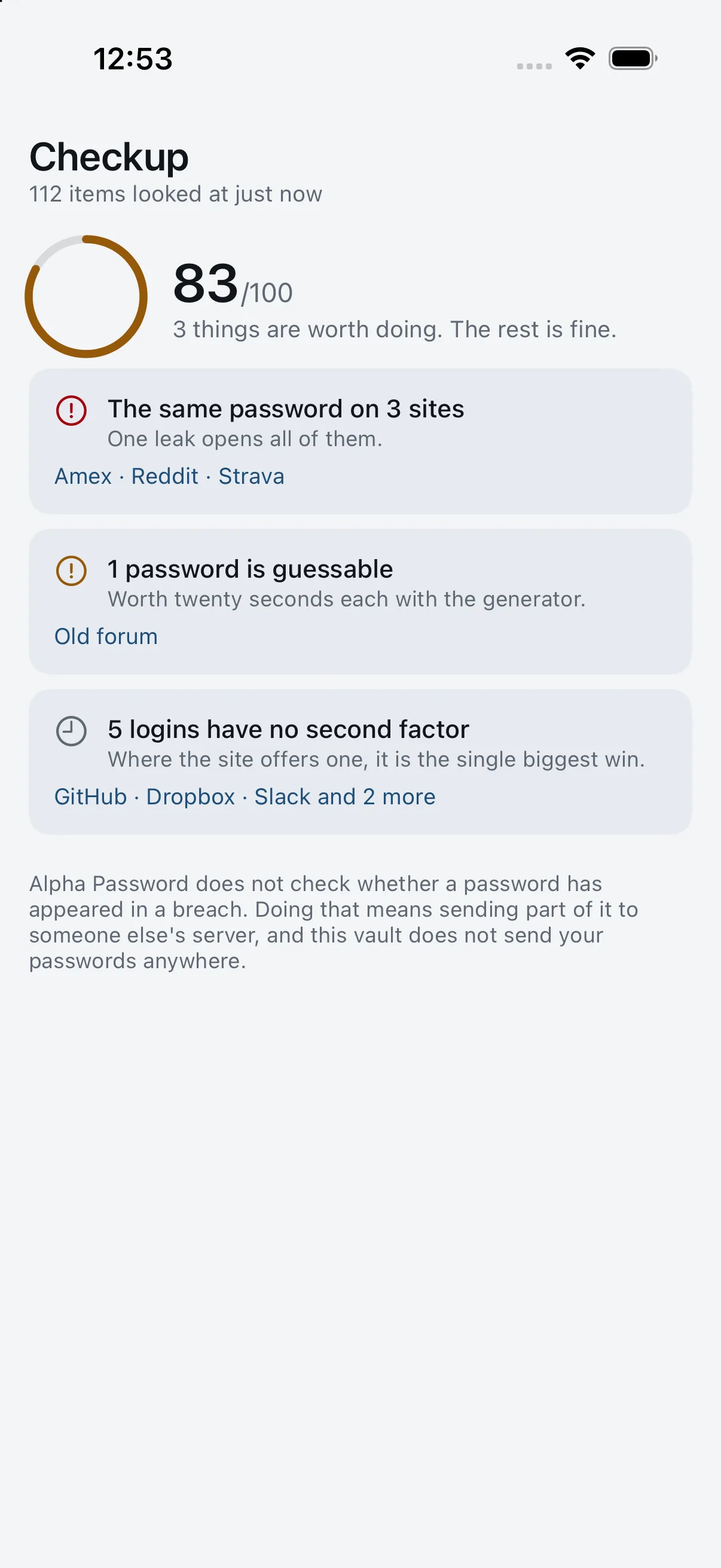 The checkup on a phone, each finding naming its items.