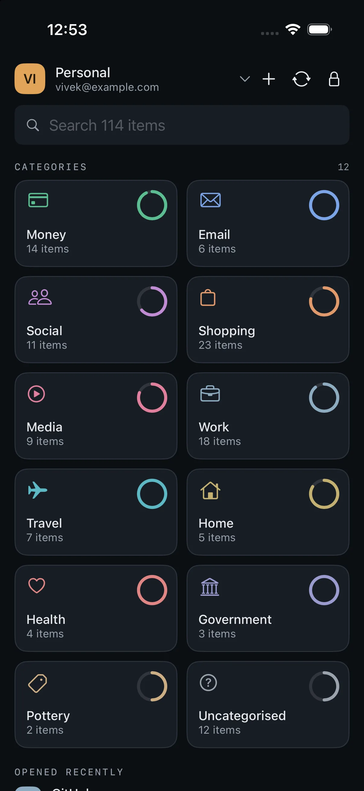 Alpha Password on an iPhone: categories as tiles, each with a health ring.