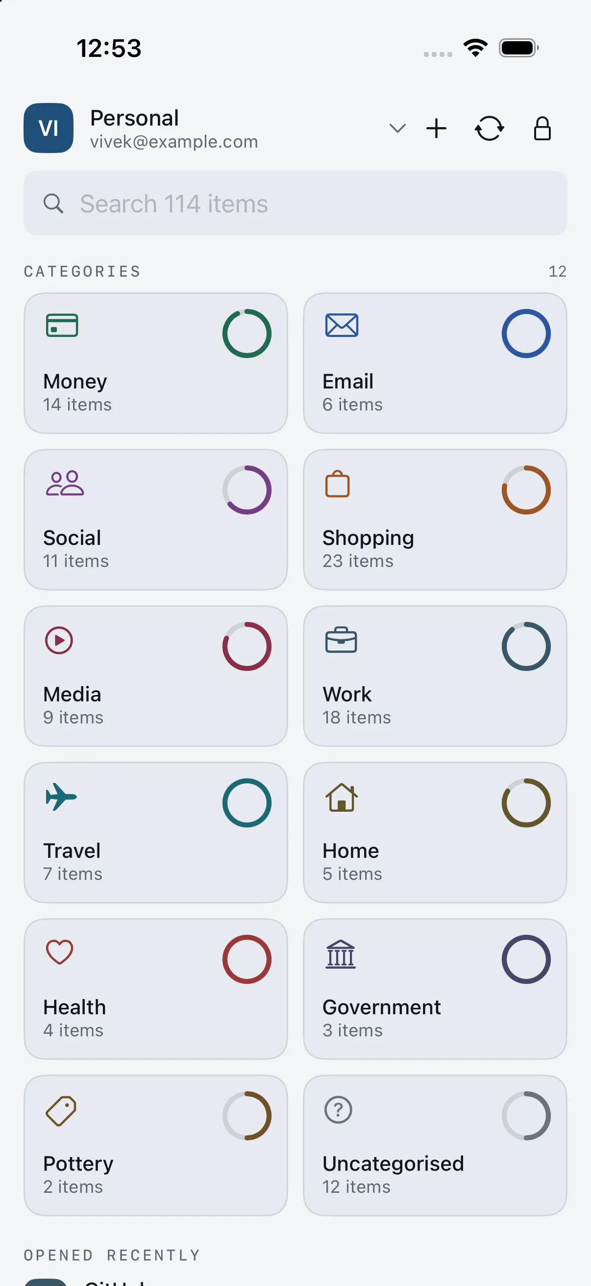 Alpha Password on an iPhone: categories as tiles, each with a health ring.