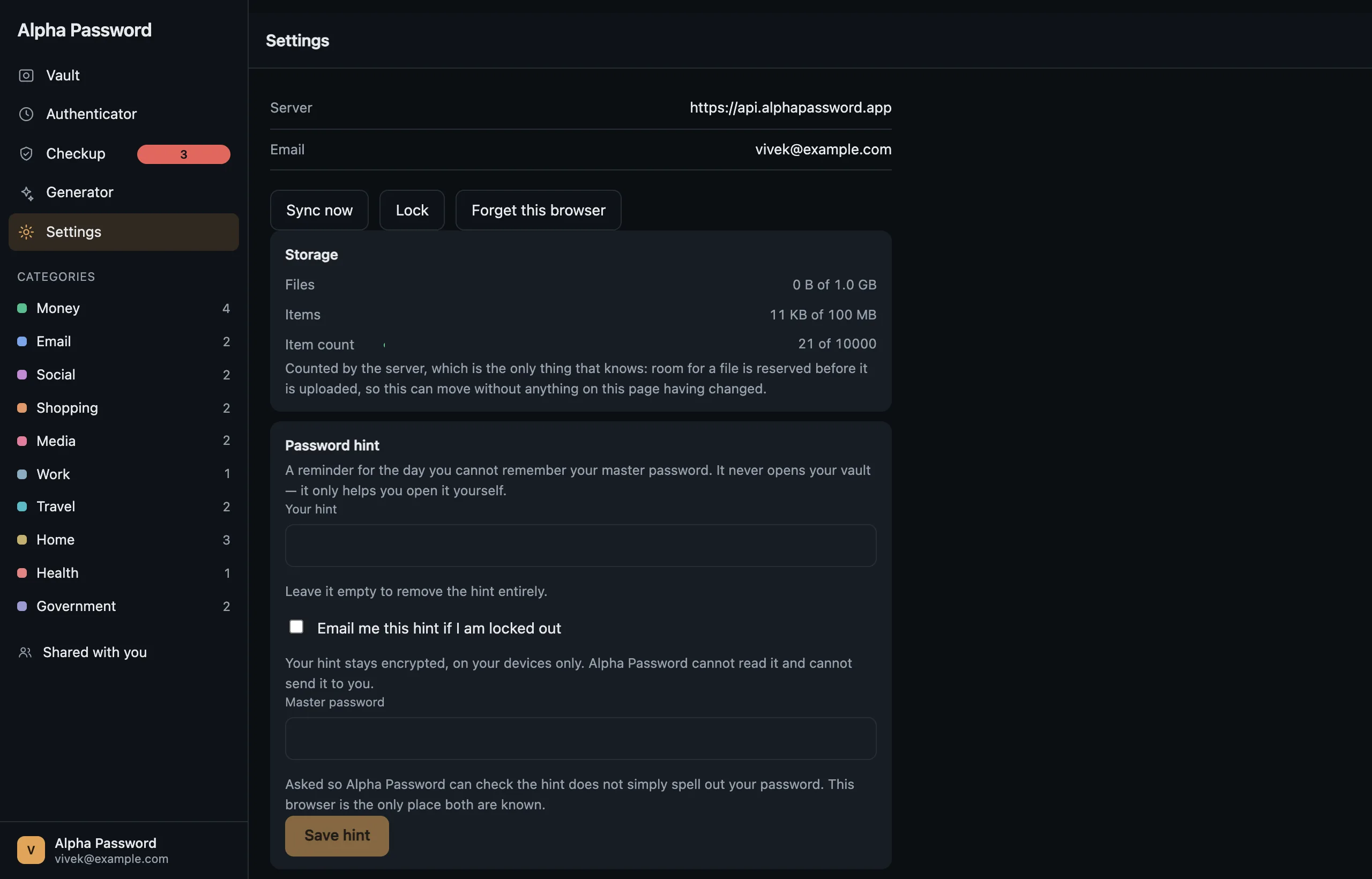Settings: the server, the storage the account is using, and the password hint.