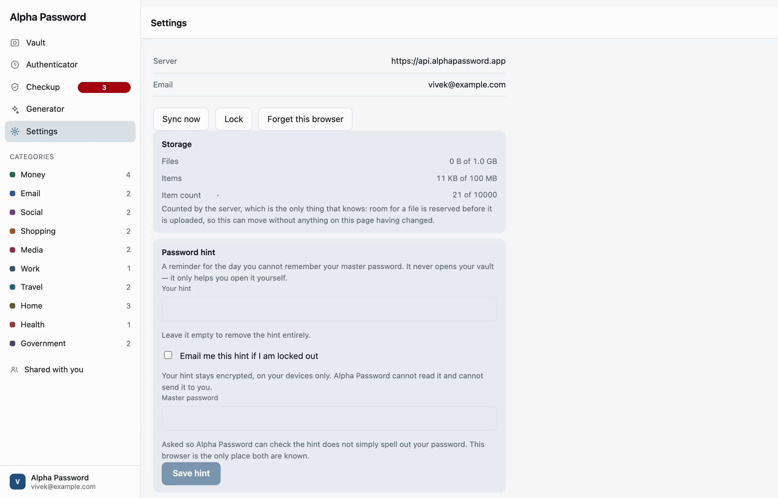Settings: the server, the storage the account is using, and the password hint.