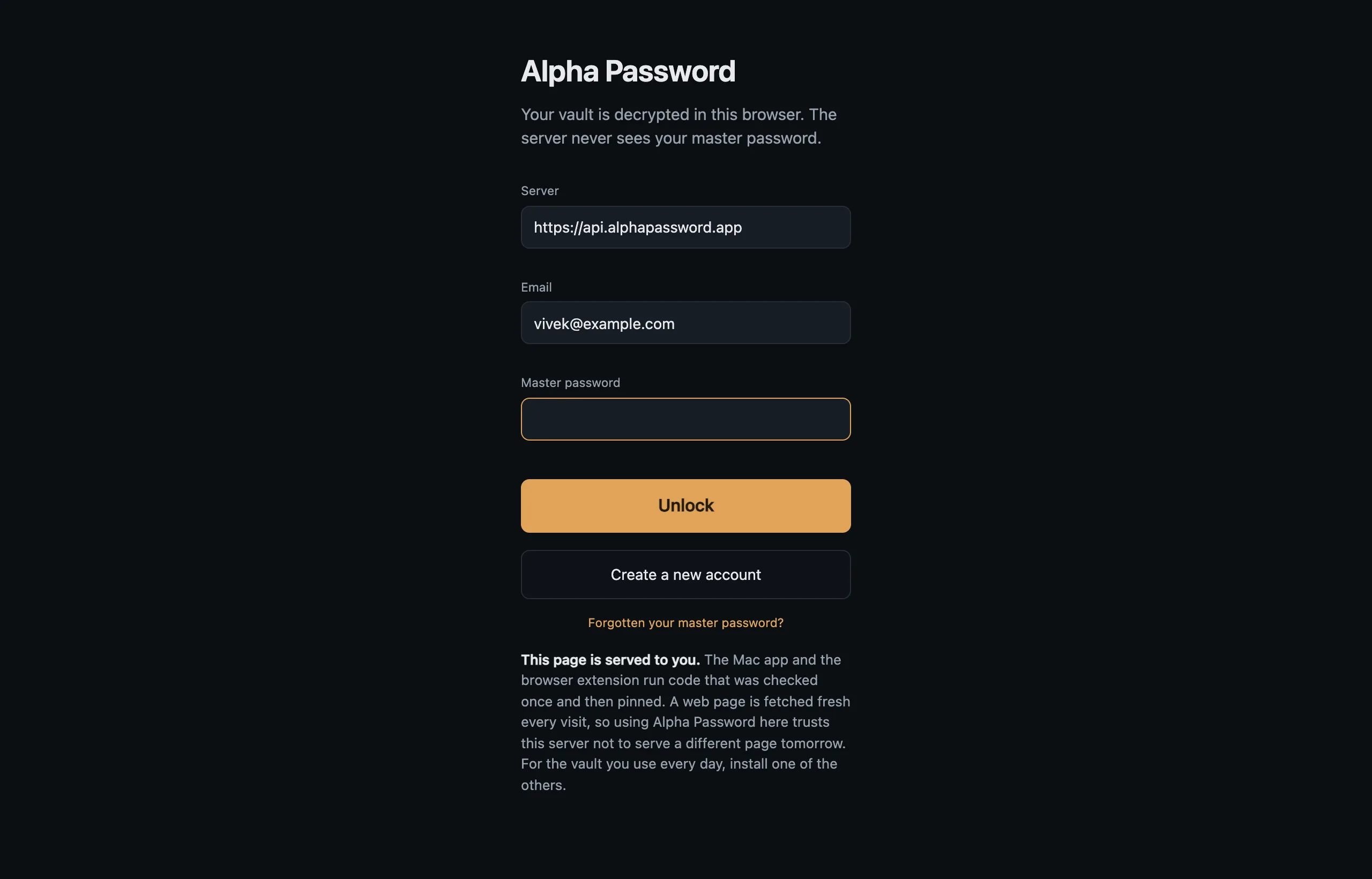 The sign-in screen: server, email and master password.