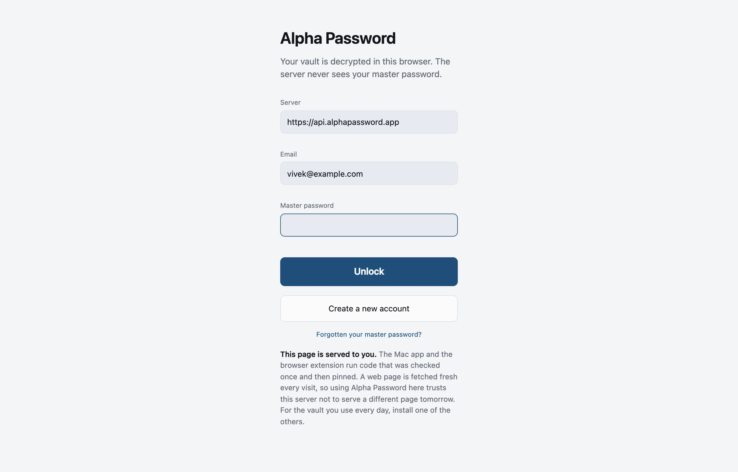 The sign-in screen: server, email and master password.